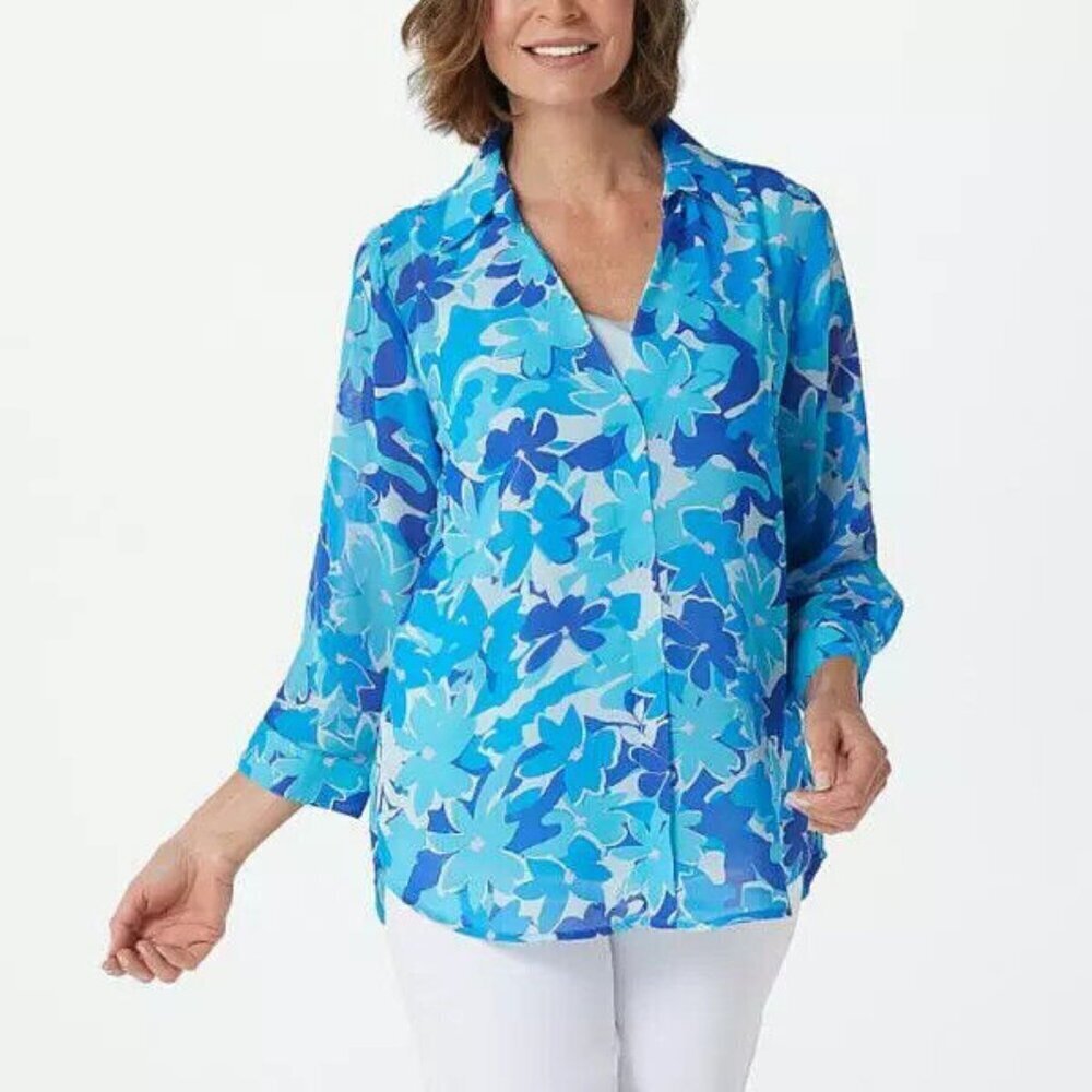 New Belle by Kim Gravel Floral Printed V-Neck Blue Blouse Size XXS